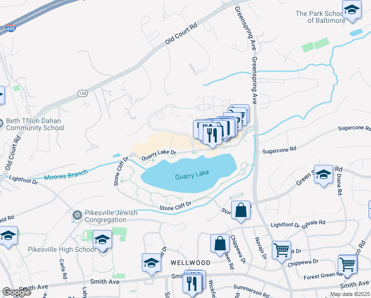 map of restaurants, bars, coffee shops, grocery stores, and more near 2700 Quarry Lake Drive in Baltimore