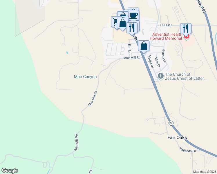 map of restaurants, bars, coffee shops, grocery stores, and more near 221 Muir Mill Road in Willits