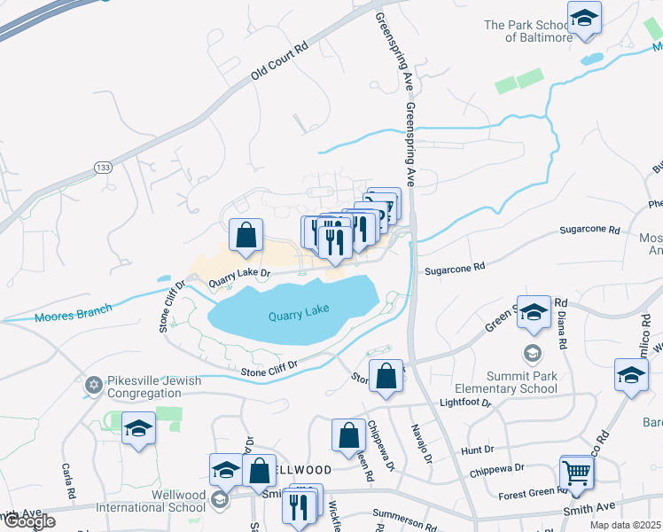 map of restaurants, bars, coffee shops, grocery stores, and more near 2615 Quarry Lake Drive in Baltimore