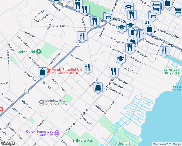 map of restaurants, bars, coffee shops, grocery stores, and more near 110 Shadeland Avenue in Pleasantville