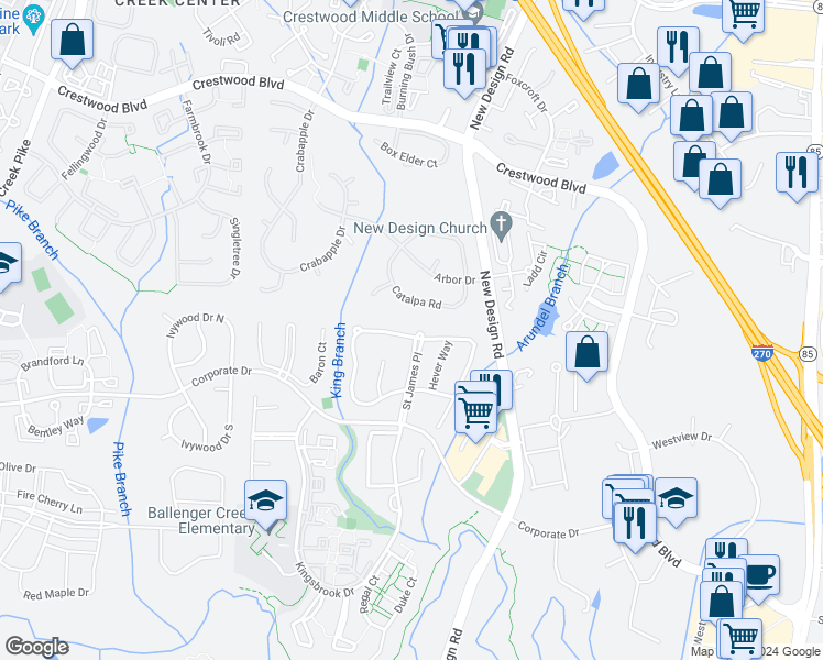 map of restaurants, bars, coffee shops, grocery stores, and more near 9067 Allington Manor Circle West in Frederick