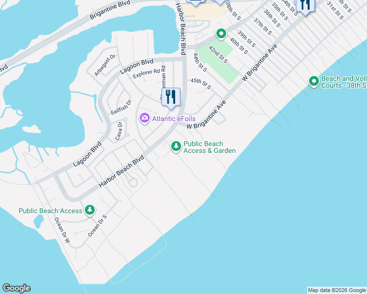 map of restaurants, bars, coffee shops, grocery stores, and more near 35 Bramble Drive in Brigantine
