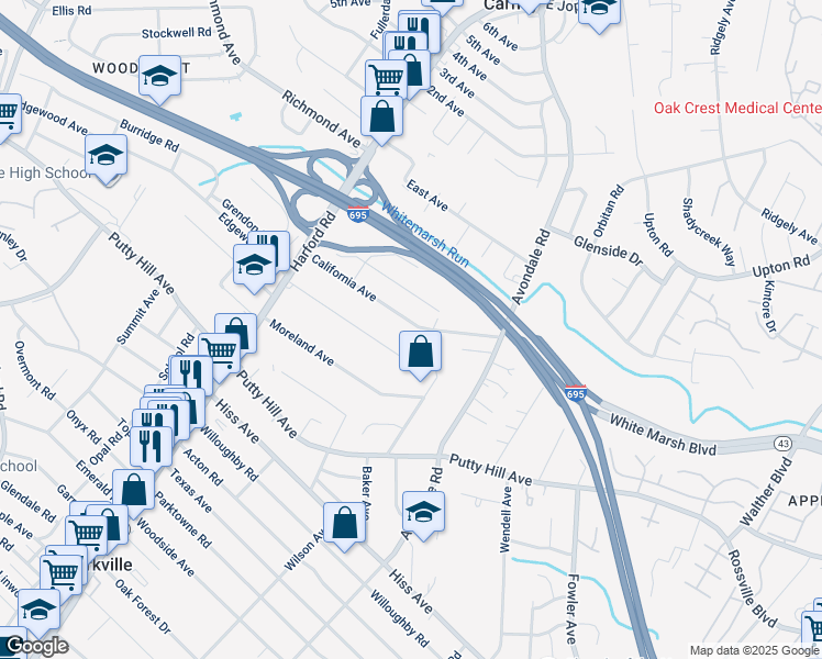 map of restaurants, bars, coffee shops, grocery stores, and more near 3049 California Avenue in Parkville