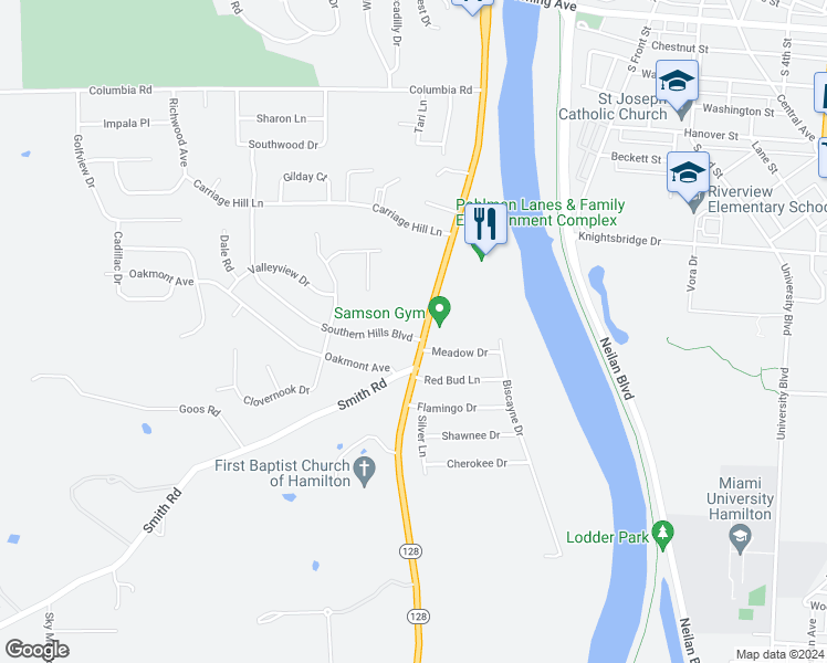 map of restaurants, bars, coffee shops, grocery stores, and more near 1398 Southern Hills Boulevard in Hamilton