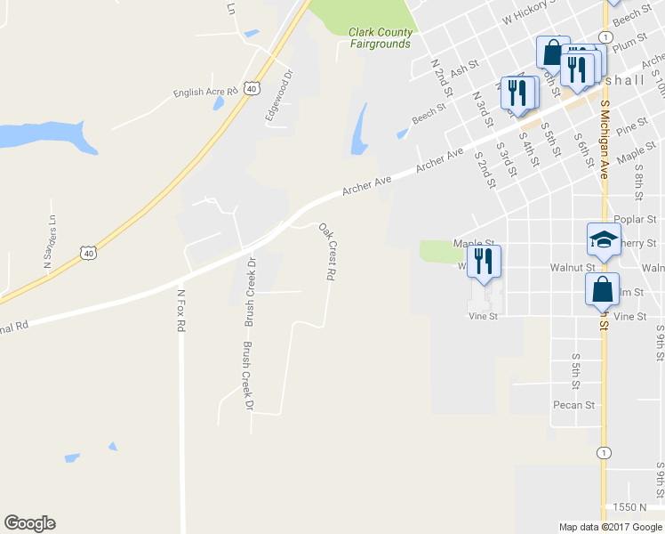 map of restaurants, bars, coffee shops, grocery stores, and more near Oak Crest Road in Marshall