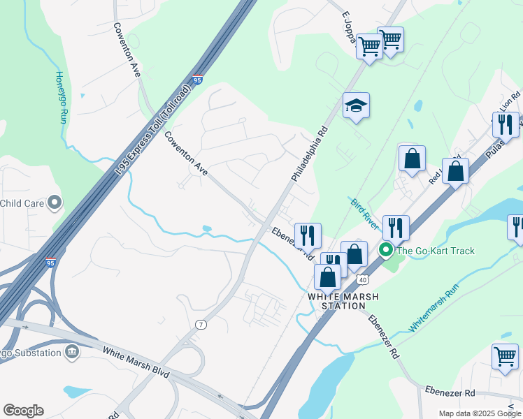 map of restaurants, bars, coffee shops, grocery stores, and more near 8709 Cowenton Avenue in Perry Hall