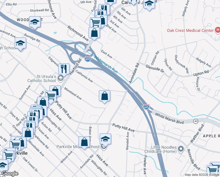 map of restaurants, bars, coffee shops, grocery stores, and more near 3102 California Avenue in Parkville
