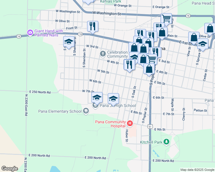map of restaurants, bars, coffee shops, grocery stores, and more near 510 South State Street in Pana