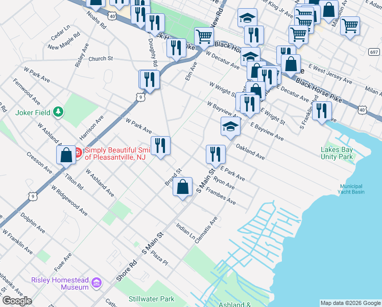 map of restaurants, bars, coffee shops, grocery stores, and more near 904 Broad Street in Pleasantville