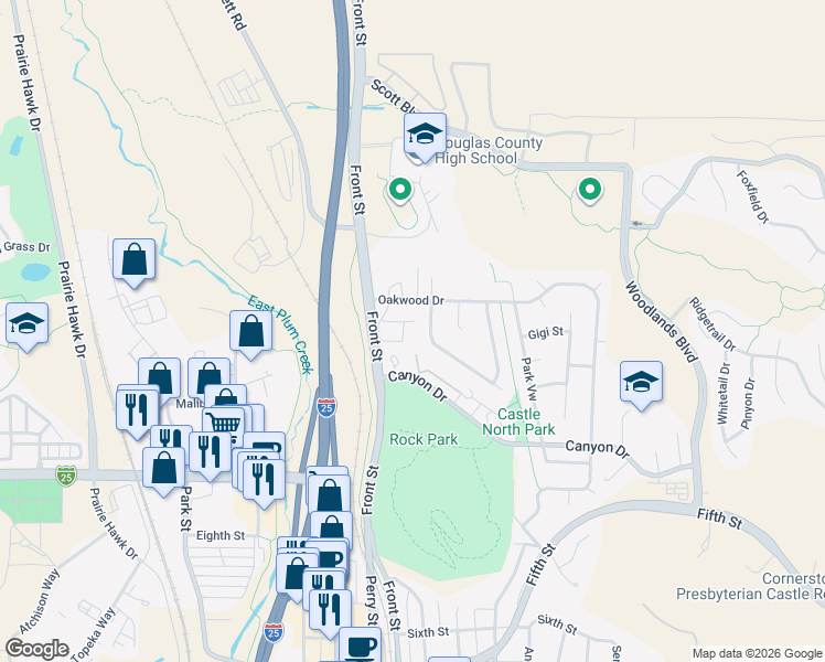 map of restaurants, bars, coffee shops, grocery stores, and more near 532 Oakwood Drive in Castle Rock