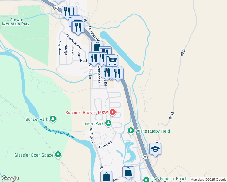 map of restaurants, bars, coffee shops, grocery stores, and more near 131 Valley Court in Basalt
