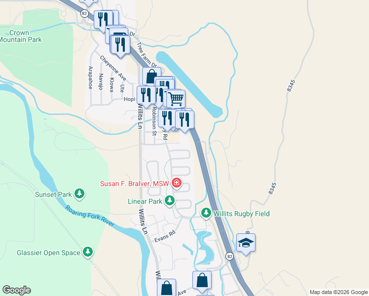 map of restaurants, bars, coffee shops, grocery stores, and more near 131 Valley Court in Basalt