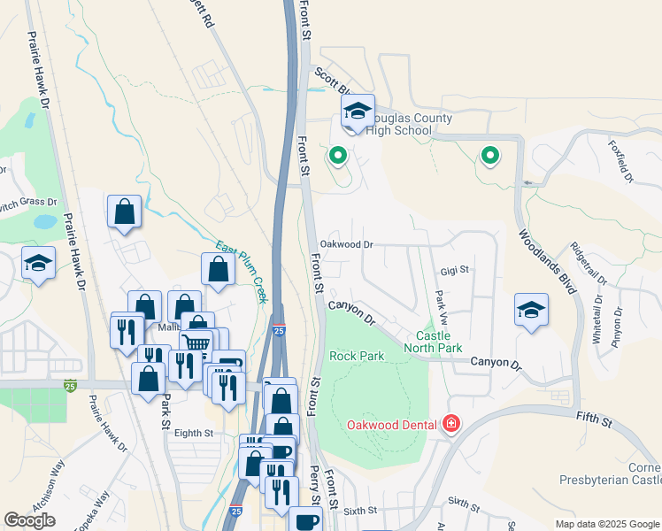 map of restaurants, bars, coffee shops, grocery stores, and more near 532 Oakwood Drive in Castle Rock