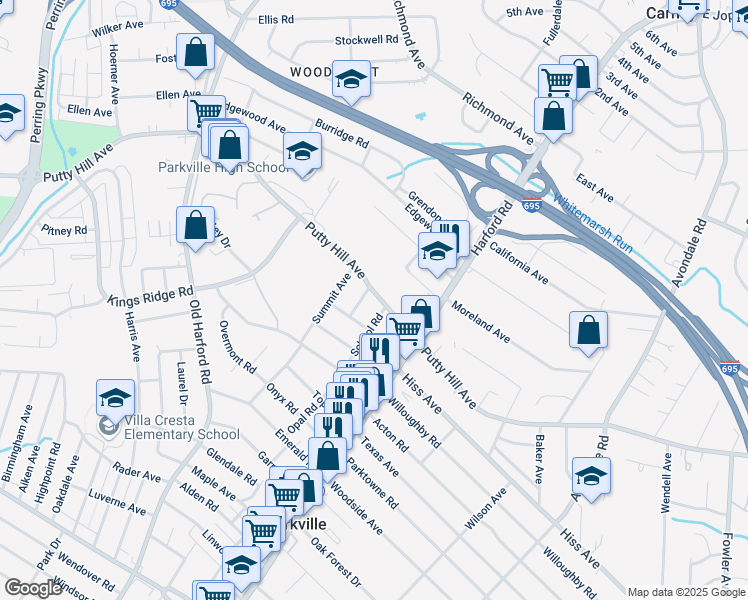 map of restaurants, bars, coffee shops, grocery stores, and more near 2917 Putty Hill Avenue in Parkville