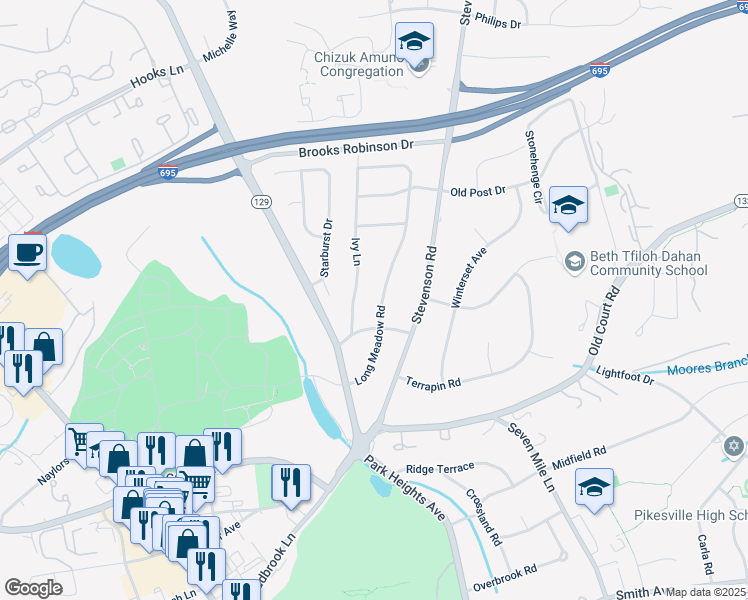 map of restaurants, bars, coffee shops, grocery stores, and more near 7920 Long Meadow Road in Pikesville