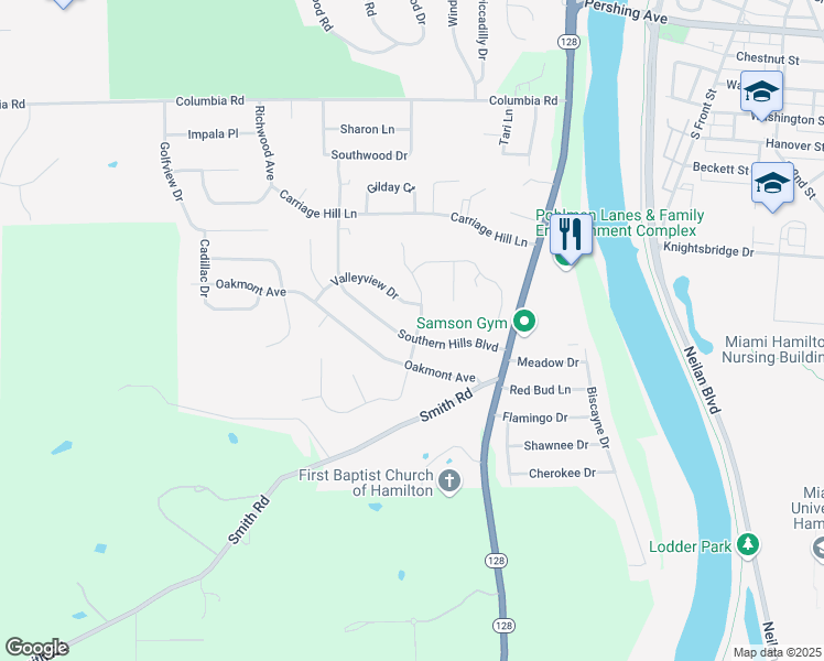map of restaurants, bars, coffee shops, grocery stores, and more near 503 Valleyview Drive in Hamilton