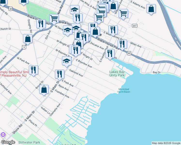 map of restaurants, bars, coffee shops, grocery stores, and more near 101 East Bayview Avenue in Pleasantville