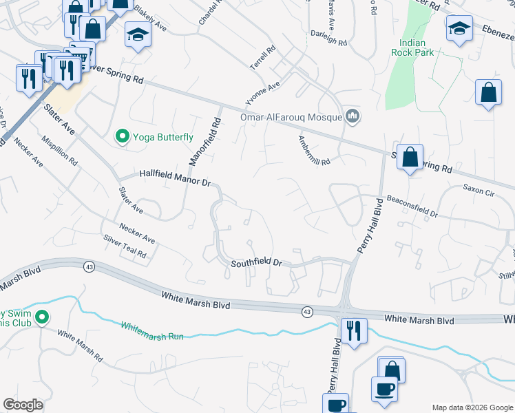 map of restaurants, bars, coffee shops, grocery stores, and more near 8263 Berryfield Drive in Perry Hall