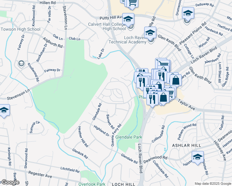 map of restaurants, bars, coffee shops, grocery stores, and more near 6920 Donachie Road in Baltimore