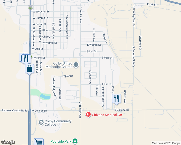 map of restaurants, bars, coffee shops, grocery stores, and more near 1109 Taylor Avenue Colby in Colby