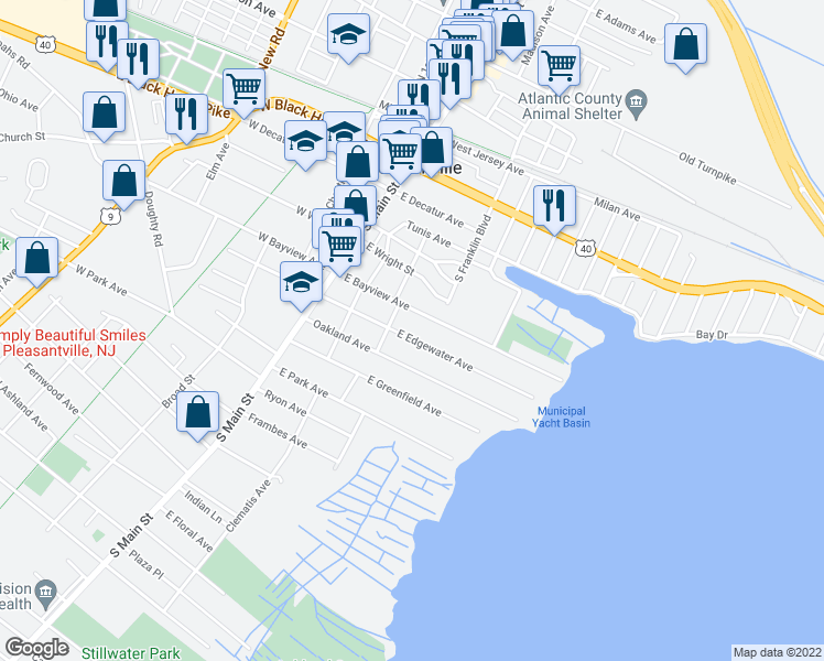 map of restaurants, bars, coffee shops, grocery stores, and more near 101 East Bayview Avenue in Pleasantville