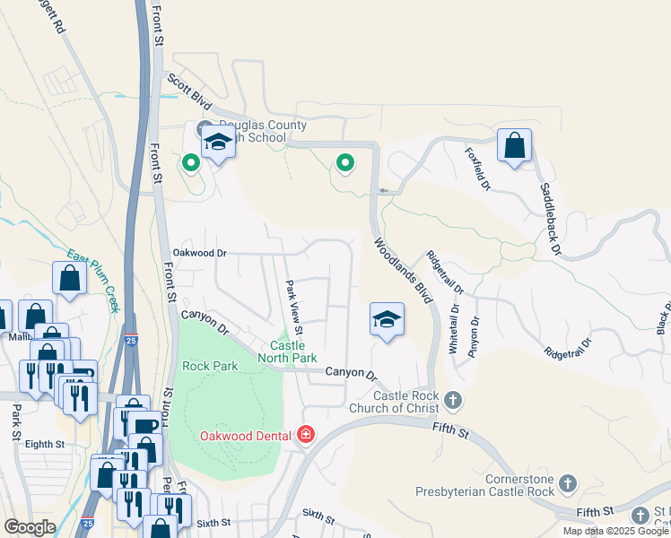 map of restaurants, bars, coffee shops, grocery stores, and more near 997 Oakwood Drive in Castle Rock