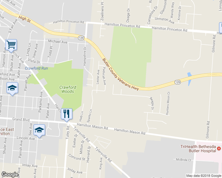map of restaurants, bars, coffee shops, grocery stores, and more near 7023 Beagle Court in Hamilton