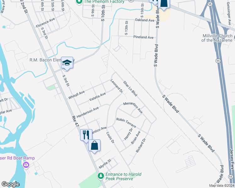 map of restaurants, bars, coffee shops, grocery stores, and more near 904 Louis Drive in Millville