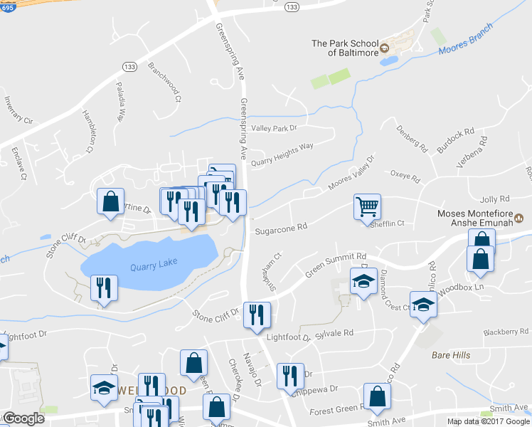 map of restaurants, bars, coffee shops, grocery stores, and more near 2810 Moores Valley Drive in Baltimore