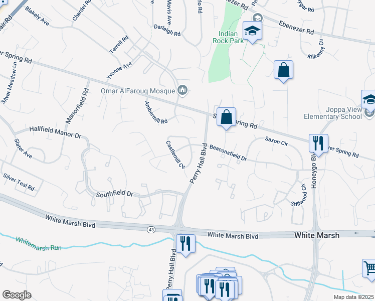 map of restaurants, bars, coffee shops, grocery stores, and more near 8505 Castlemill Circle in Nottingham
