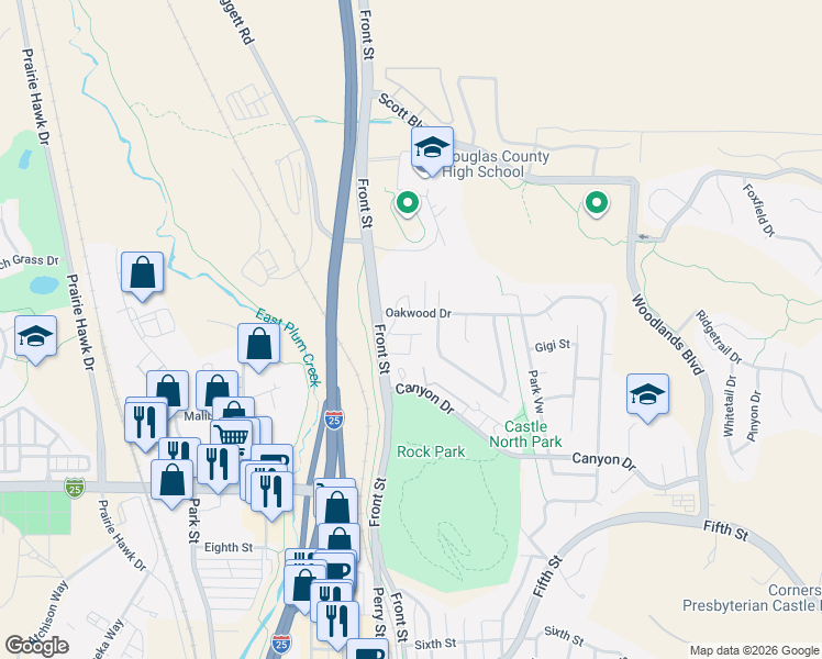 map of restaurants, bars, coffee shops, grocery stores, and more near 501 Oakwood Drive in Castle Rock