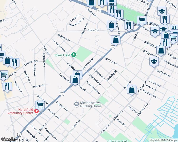 map of restaurants, bars, coffee shops, grocery stores, and more near 1160 South New Road in Pleasantville