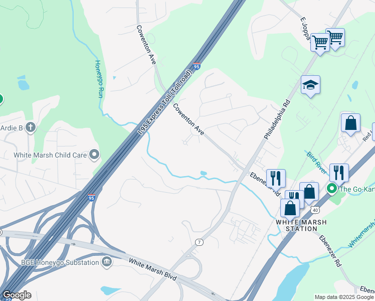 map of restaurants, bars, coffee shops, grocery stores, and more near 10720A White Trillium Road in Perry Hall
