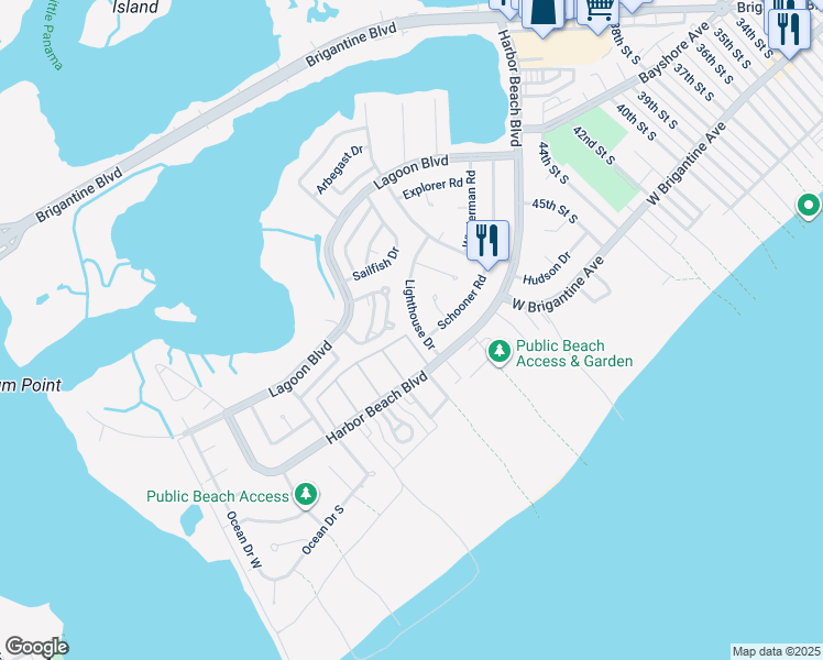 map of restaurants, bars, coffee shops, grocery stores, and more near 21A Lighthouse Drive in Brigantine