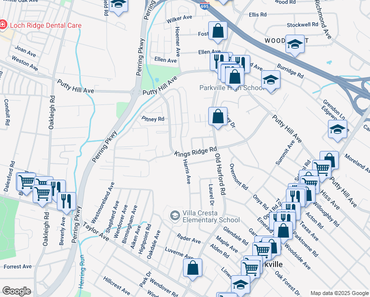 map of restaurants, bars, coffee shops, grocery stores, and more near 8403 Harris Avenue in Parkville