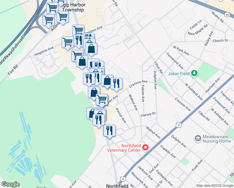 map of restaurants, bars, coffee shops, grocery stores, and more near 331 Tilton Road in Northfield
