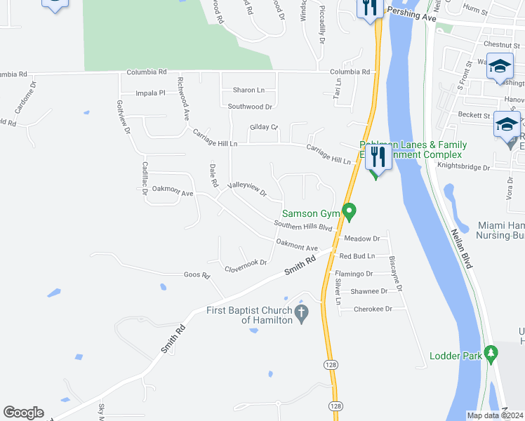 map of restaurants, bars, coffee shops, grocery stores, and more near 1266 Southern Hills Boulevard in Hamilton