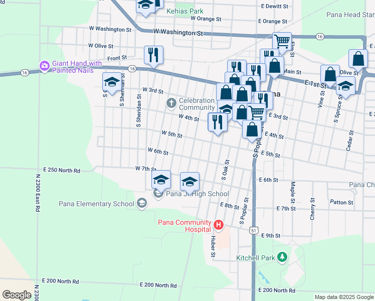 map of restaurants, bars, coffee shops, grocery stores, and more near 406 S State St in Pana