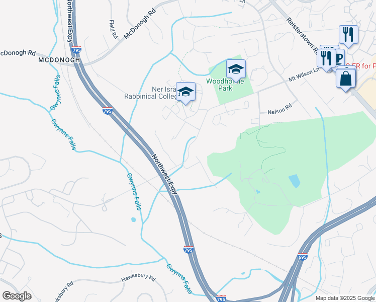 map of restaurants, bars, coffee shops, grocery stores, and more near 509 Mount Wilson Lane in Pikesville