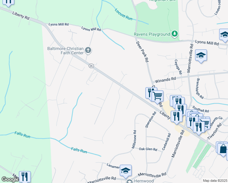 map of restaurants, bars, coffee shops, grocery stores, and more near 4409 Travancore Road in Randallstown