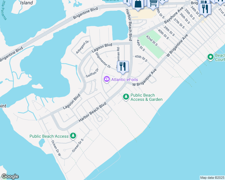 map of restaurants, bars, coffee shops, grocery stores, and more near 4624 Schooner Road in Brigantine