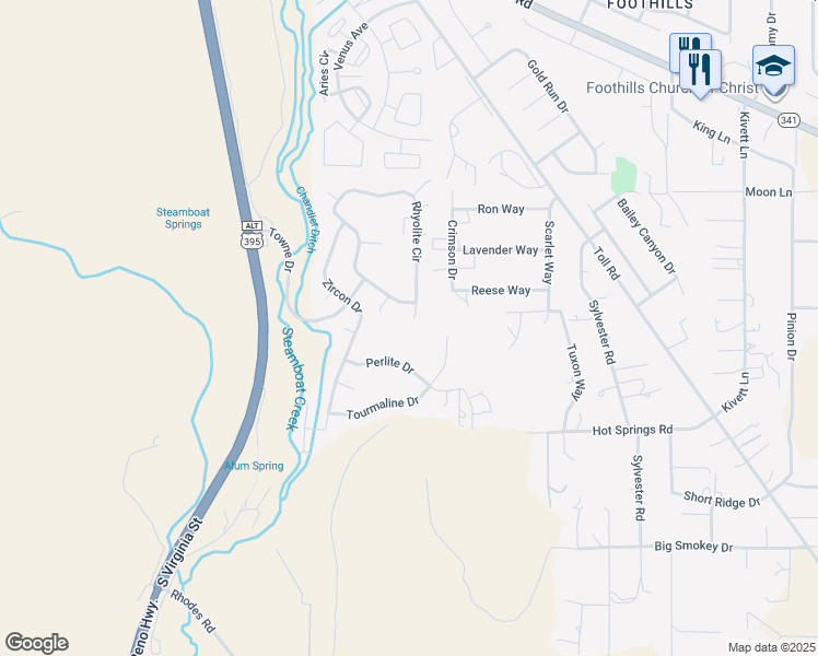 map of restaurants, bars, coffee shops, grocery stores, and more near 14093 Rhyolite Court in Reno