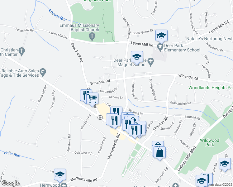 map of restaurants, bars, coffee shops, grocery stores, and more near 23 Pima Court in Randallstown