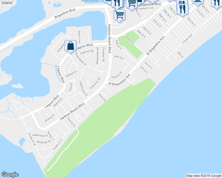 map of restaurants, bars, coffee shops, grocery stores, and more near 25 Beacon Lane in Brigantine