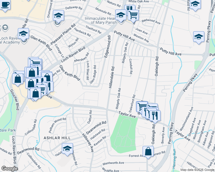 map of restaurants, bars, coffee shops, grocery stores, and more near 8012 Hillendale Road in Parkville