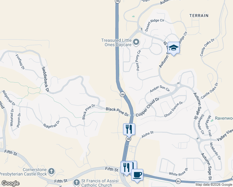 map of restaurants, bars, coffee shops, grocery stores, and more near 1724 Wild Star Way in Castle Rock