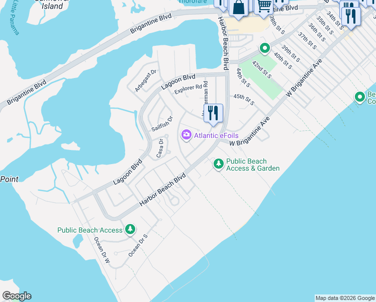 map of restaurants, bars, coffee shops, grocery stores, and more near 21A Lighthouse Drive in Brigantine
