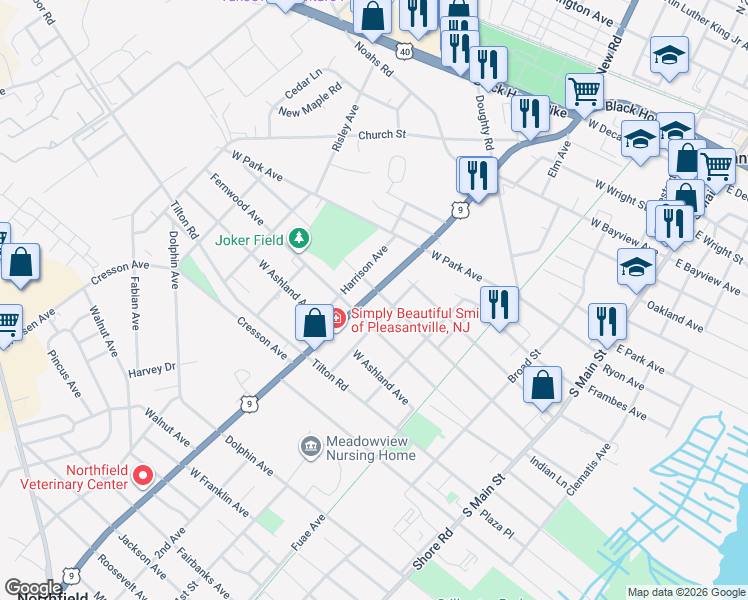 map of restaurants, bars, coffee shops, grocery stores, and more near 1160 South New Road in Pleasantville