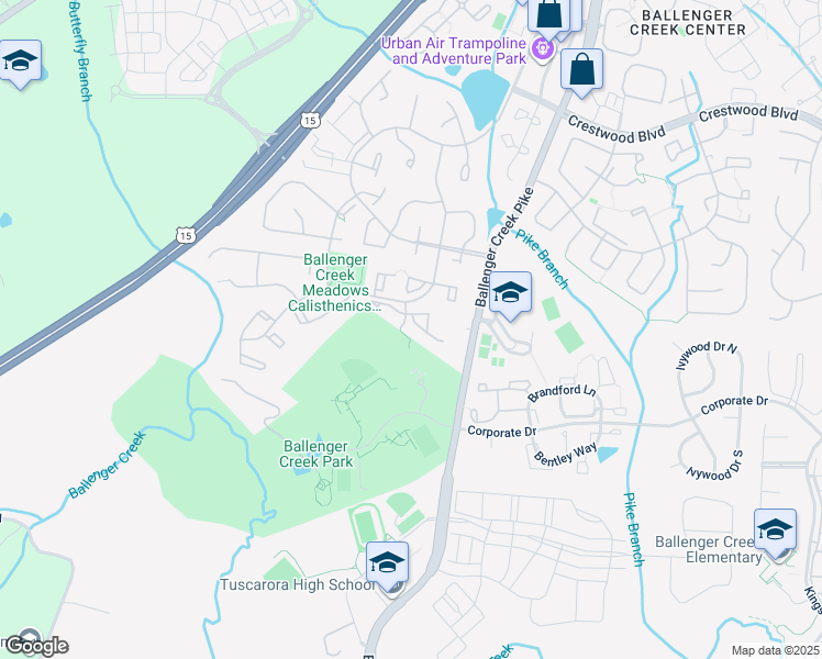map of restaurants, bars, coffee shops, grocery stores, and more near 6405 Weatherby Court in Frederick