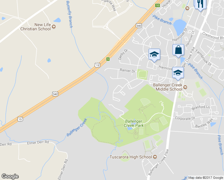 map of restaurants, bars, coffee shops, grocery stores, and more near 5516 Fox Hall Court in Frederick